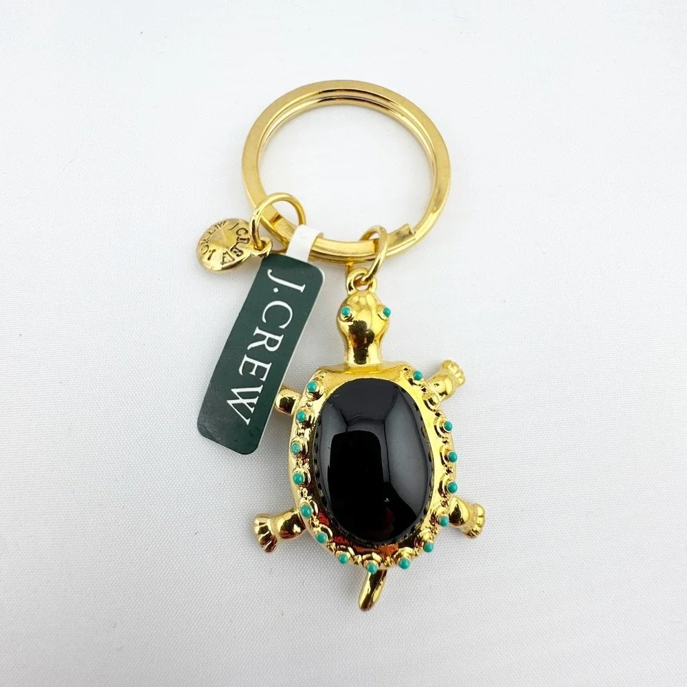 J.Crew Gold Tone‎ Black Cabochon Turtle Keychain Bag Charm Turquoise Accents NEW